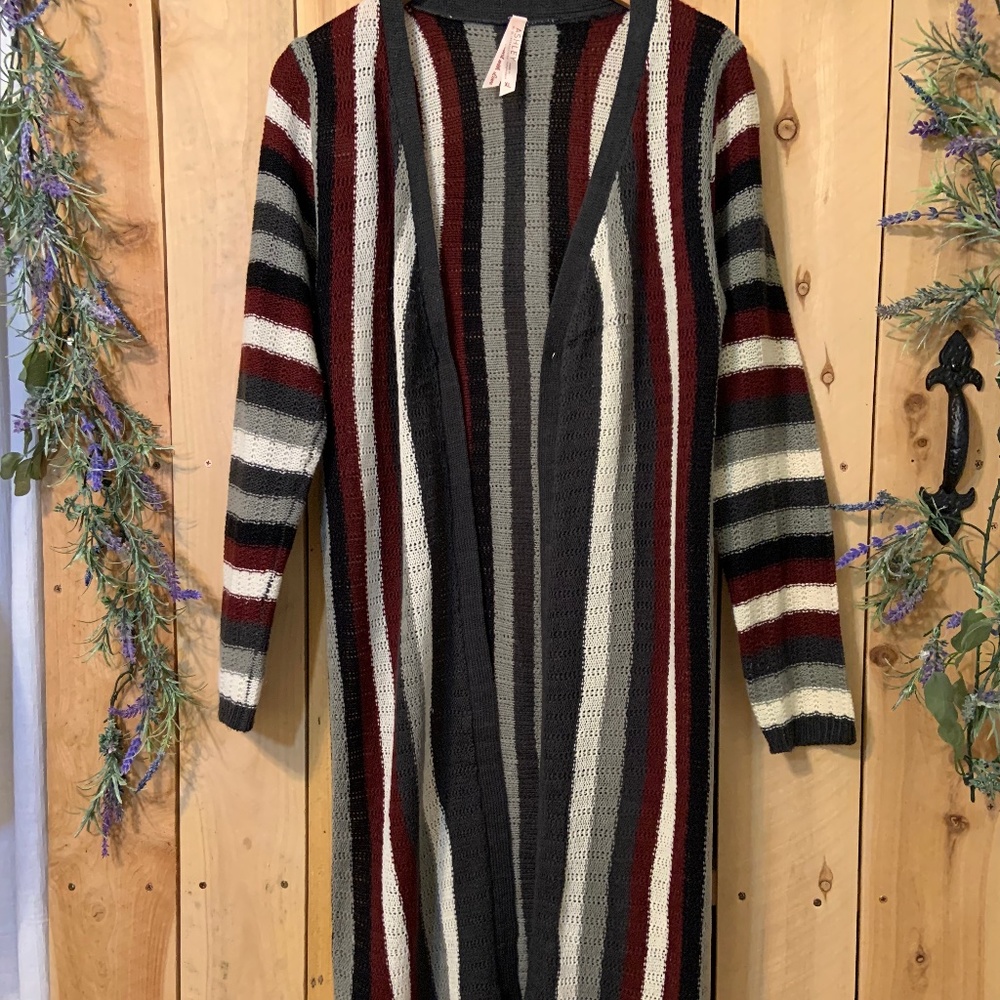 ASHLEY BY 26 INTERNATIONAL MULTI -COLOR STRIP LONG CARDIGAN SWEATER